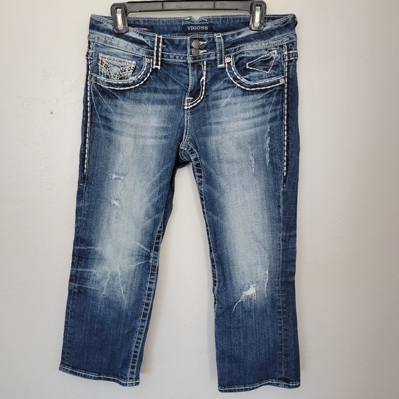 Vigoss Women's 5/6 The Chelsea Capri Cropped Denim Jeans Medium Dark Wash - Picture 2 of 8